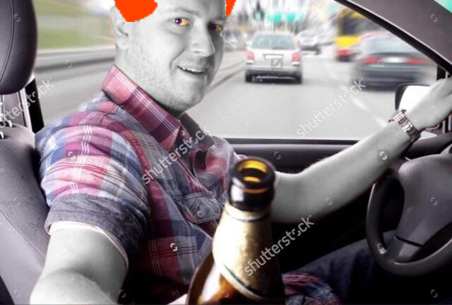 A purple-eyed alien resembling a human does an insane drift in traffic while offering the viewer an alcoholic beverage.